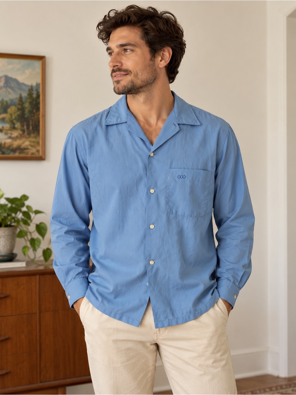 Vintage Penneys Men’s Medium Blue Long Sleeve Open Collar Shirt